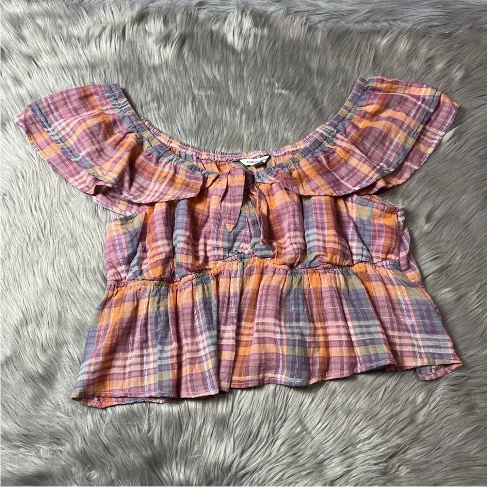 American Eagle Womens Plaid Ruffle Top Size XL